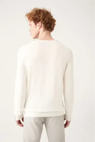 Men's White Crew Neck Knit Sweater - 4