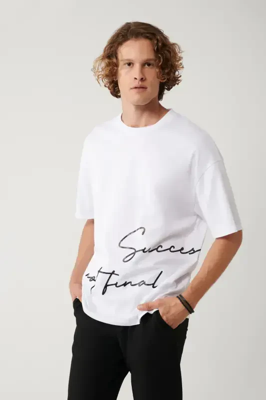 Men's White Crew Neck Printed Oversize T-shirt A41y1038 - 1