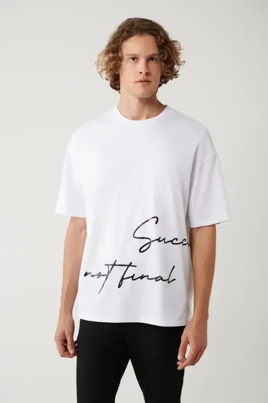 Men's White Crew Neck Printed Oversize T-shirt A41y1038 - 3