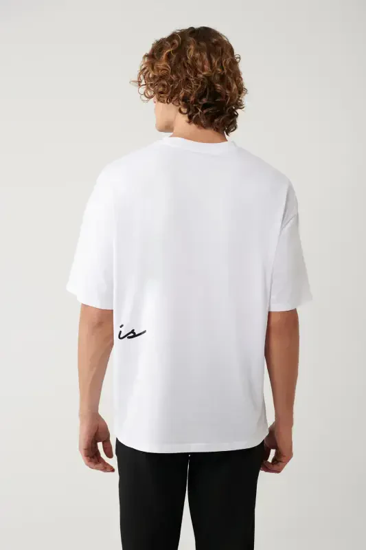 Men's White Crew Neck Printed Oversize T-shirt A41y1038 - 4