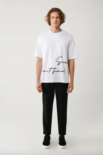 Men's White Crew Neck Printed Oversize T-shirt A41y1038 - 5