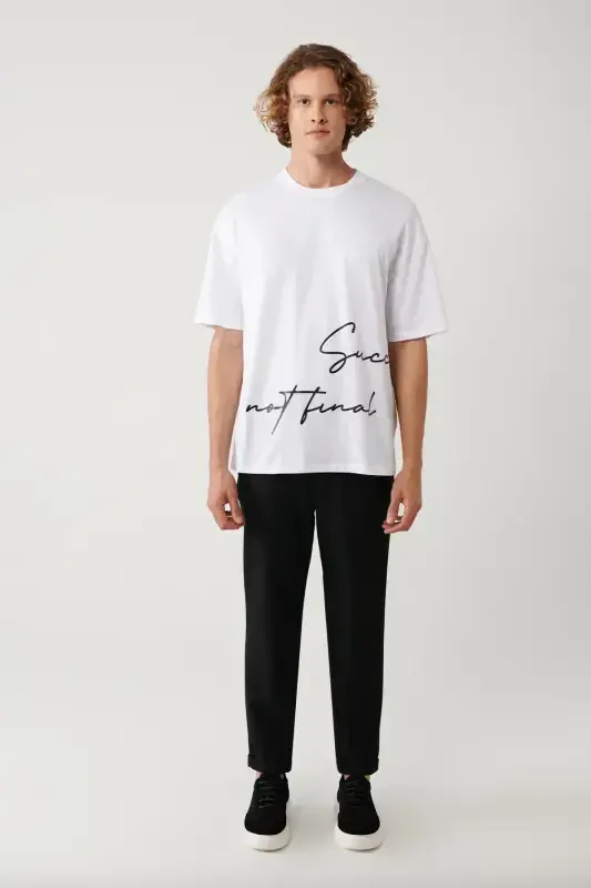 Men's White Crew Neck Printed Oversize T-shirt A41y1038 - 5