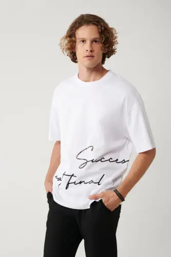 Men's White Crew Neck Printed Oversize T-shirt A41y1038 