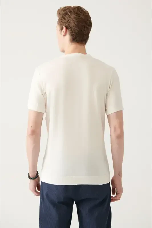 Men's White Crew Neck Regular Fit Ribbed Knit T-shirt A31y5133 - 3