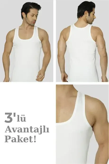 Men's White Drawstring Sports Bra Vest 3-Pack Lycra - BÜYÜKBEDENIZ