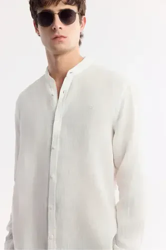 Men's White Dress Shirt, Mandarin Collar, 100% Linen, Regular Fit B002035 - AVVA (1)