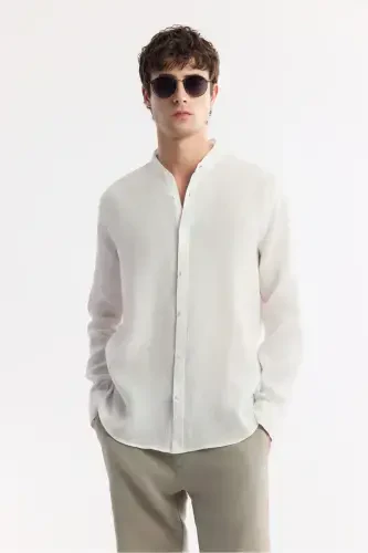 Men's White Dress Shirt, Mandarin Collar, 100% Linen, Regular Fit B002035 - 5