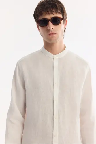 Men's White Dress Shirt, Mandarin Collar, 100% Linen, Regular Fit B002035 - AVVA (1)