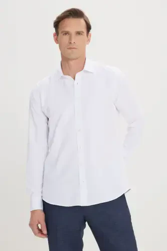 Men's White Easy Iron Slim Fit Narrow Cut Cotton Classic Collar Textured Shirt-CLASSIC COLLAR - 3