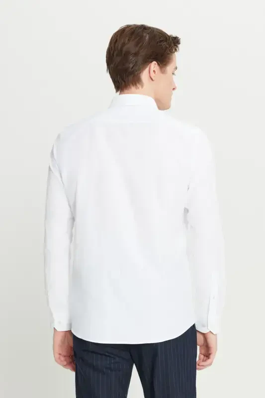 Men's White Easy Iron Slim Fit Slim Fit Classic Collar Cotton Shirt - 12