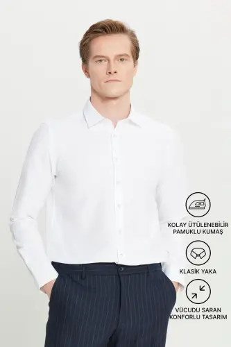 Men's White Easy Iron Slim Fit Slim Fit Classic Collar Cotton Shirt 