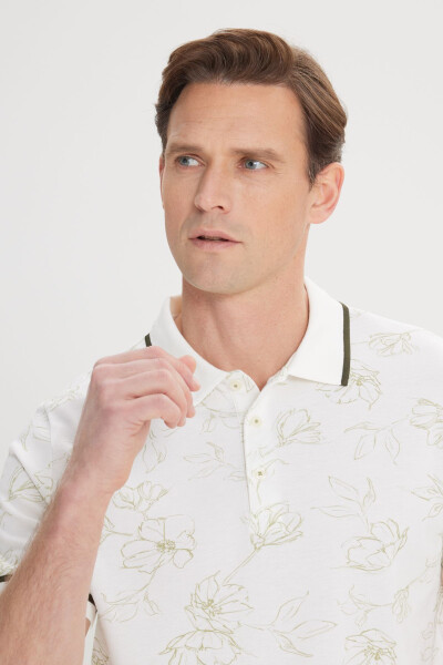 Men's White-Khaki Slim Fit Narrow Cut 100% Cotton Floral Print Polo Shirt - 2