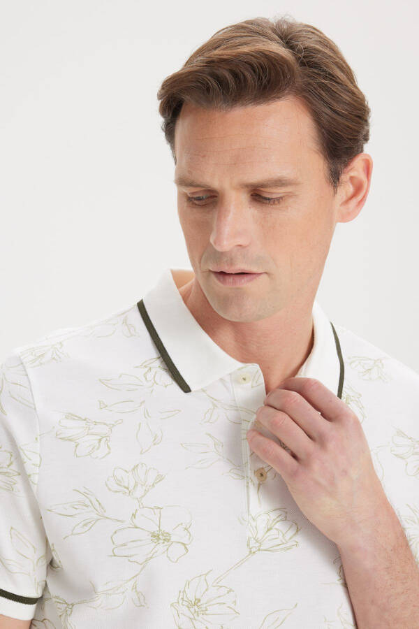Men's White-Khaki Slim Fit Narrow Cut 100% Cotton Floral Print Polo Shirt - 3