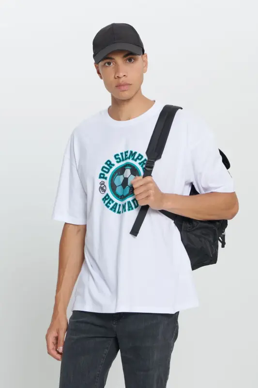 Men's White Licensed Real Madrid Oversize Fit Loose Fit 100% Cotton Crew Neck T-Shirt - AC&CO / ALTINYILDIZ CLASSICS