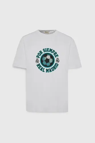 Men's White Licensed Real Madrid Oversize Fit Loose Fit 100% Cotton Crew Neck T-Shirt - 7