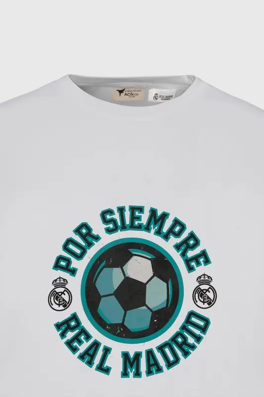 Men's White Licensed Real Madrid Oversize Fit Loose Fit 100% Cotton Crew Neck T-Shirt - 8