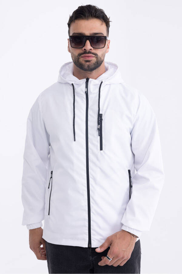 Men's White Lined Windproof Hooded Pocket Raincoat - 8