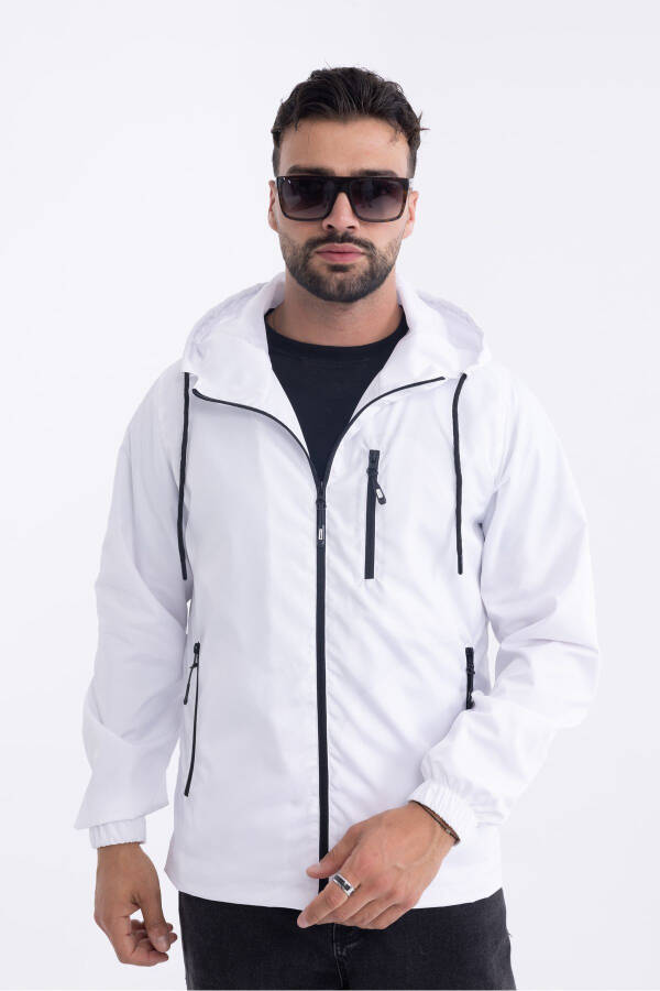 Men's White Lined Windproof Hooded Pocket Raincoat - 10