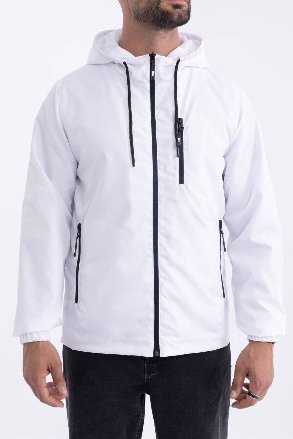 Men's White Lined Windproof Hooded Pocket Raincoat - 13