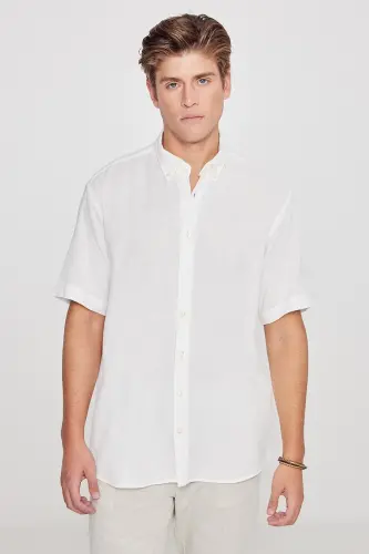 Men's White Linen Look 100% Cotton Textured Button-Down Collar Shirt Comfort Fit-White - 3