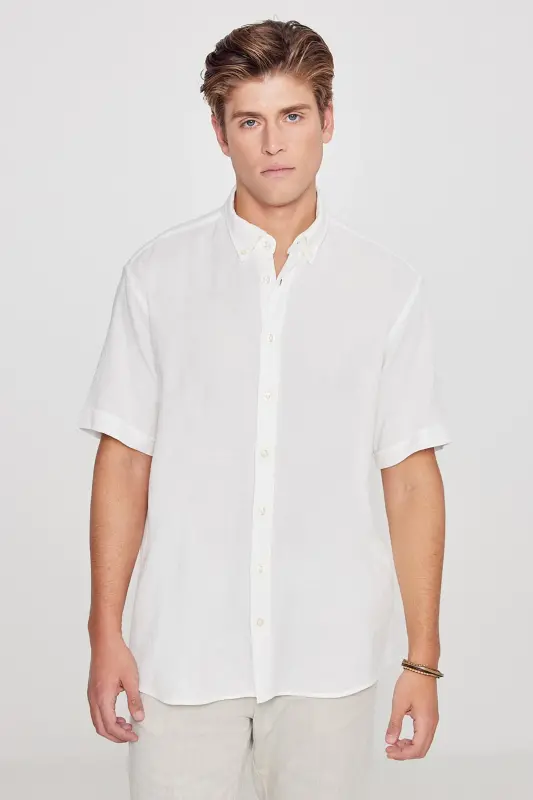Men's White Linen Look 100% Cotton Textured Button-Down Collar Shirt Comfort Fit-White - 3
