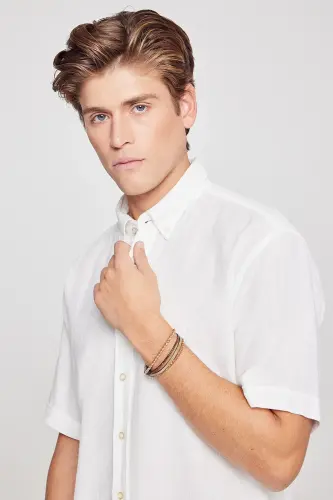 Men's White Linen Look 100% Cotton Textured Button-Down Collar Shirt Comfort Fit-White - 4