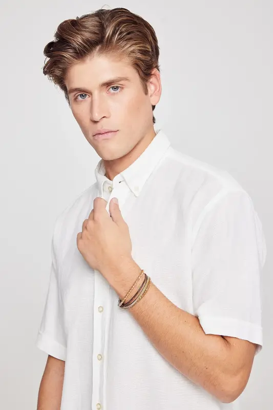 Men's White Linen Look 100% Cotton Textured Button-Down Collar Shirt Comfort Fit-White - 4