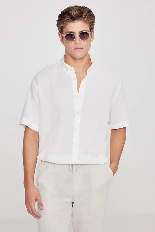 Men's White Linen Look 100% Cotton Textured Button-Down Collar Shirt Comfort Fit-White - 2