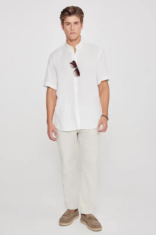Men's White Linen Look 100% Cotton Textured Button-Down Collar Shirt Comfort Fit-White - 3