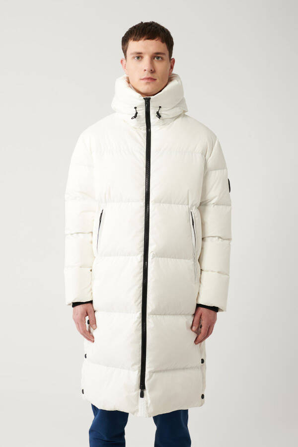 Men's white long puffer coat, duck down, water repellent, windproof, hooded, comfort fit. - 9