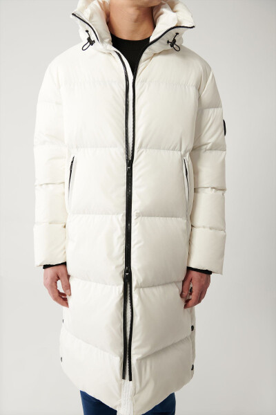 Men's white long puffer coat, duck down, water repellent, windproof, hooded, comfort fit. - 11