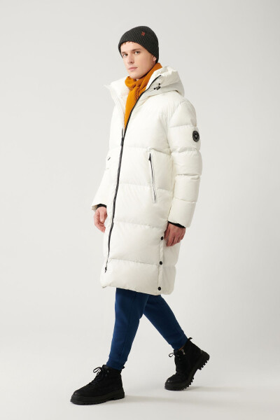 Men's white long puffer coat, duck down, water repellent, windproof, hooded, comfort fit. - 16