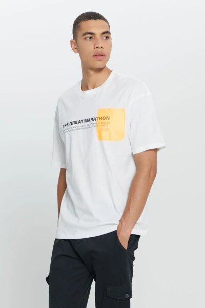 Men's White Loose Fit Oversized 100% Cotton Slogan Print Soft Touch Crew Neck T-Shirt - AC&CO / ALTINYILDIZ CLASSICS