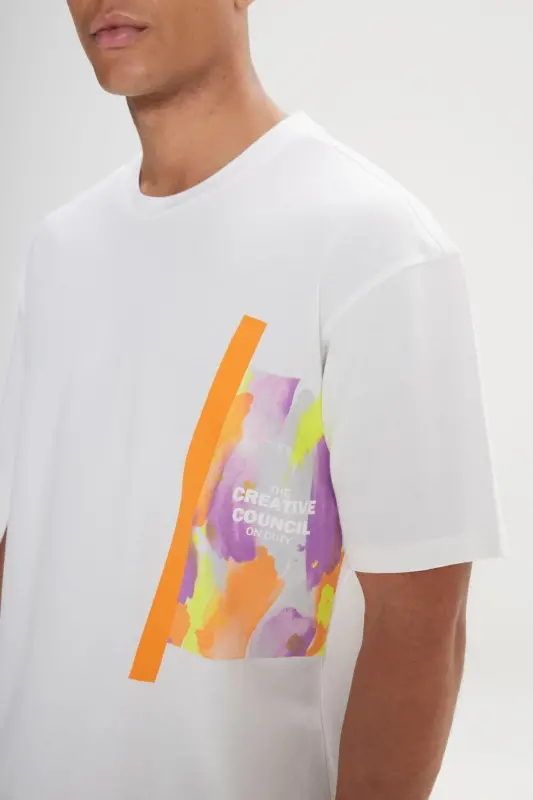 Men's White Loose Fit Oversized 100% Cotton Soft Touch Printed Crew Neck T-Shirt - 6