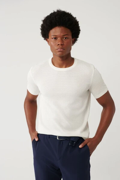 Men's White Modal Knit T-shirt Crew Neck Textured Ribbed Regular Fit B005010 - Avva