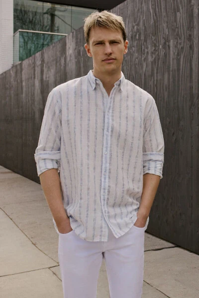 Men's White-Navy Blue Cotton Linen Comfort Fit Rah - ALTINYILDIZ CLASSICS