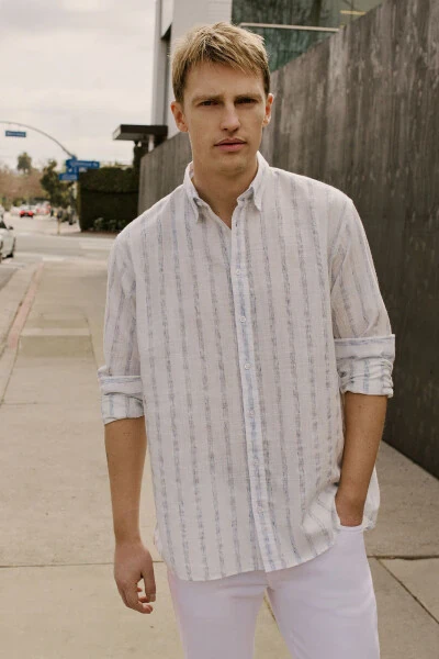 Men's White-Navy Blue Cotton Linen Comfort Fit Rah - ALTINYILDIZ CLASSICS (1)