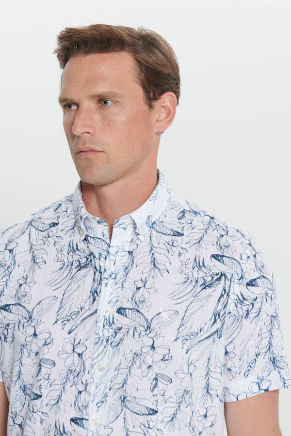 Men's White-Navy Blue Slim Fit Narrow Cut Button-Down Collar Linen Striped Shirt - 4