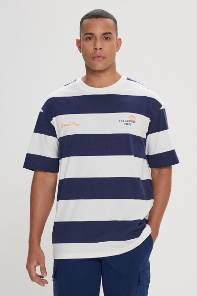 Men's White-Navy Loose Fit Oversized 100% Cotton - MODAZONE