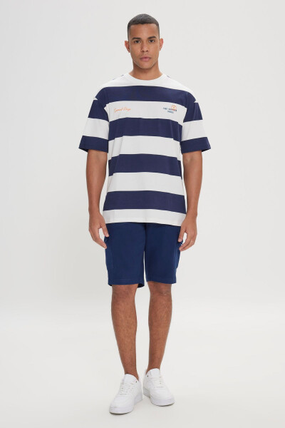 Men's White-Navy Loose Fit Oversized 100% Cotton - 3