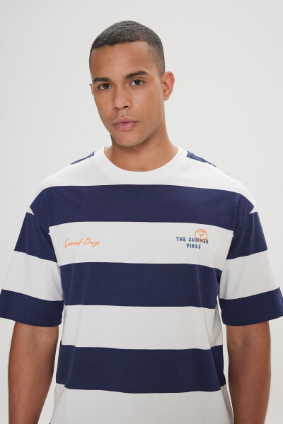 Men's White-Navy Loose Fit Oversized 100% Cotton - 4