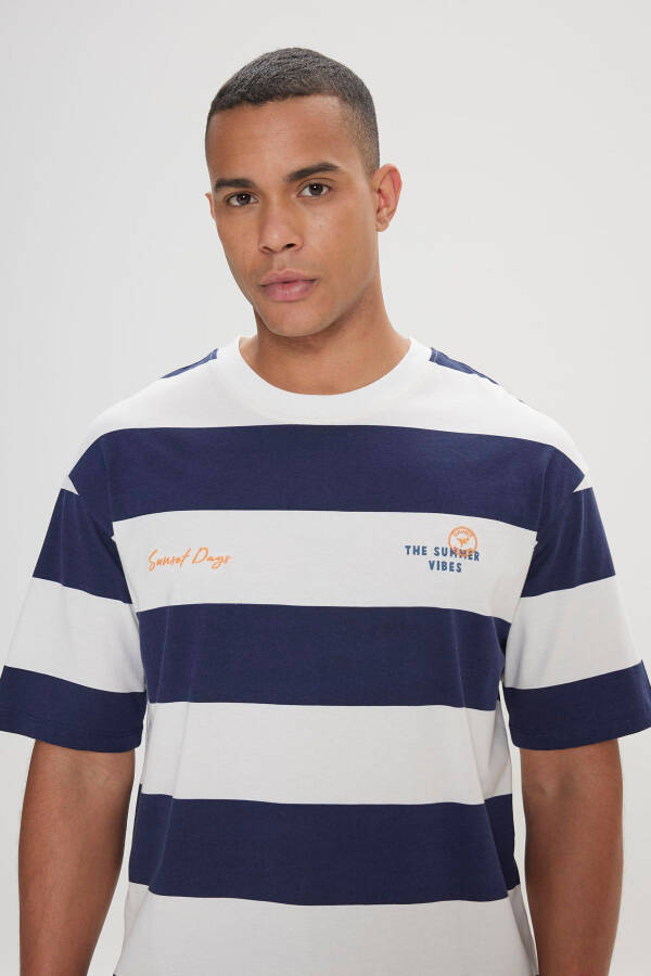 Men's White-Navy Loose Fit Oversized 100% Cotton - 4