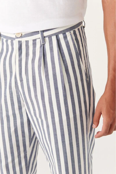 Men's White-Navy Wide Striped Relaxed Fit Trousers A21y3014 - 9