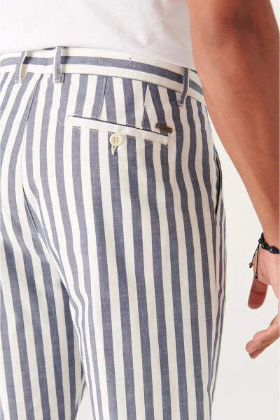 Men's White-Navy Wide Striped Relaxed Fit Trousers A21y3014 - 10