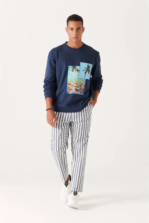 Men's White-Navy Wide Striped Relaxed Fit Trousers A21y3014 - 1