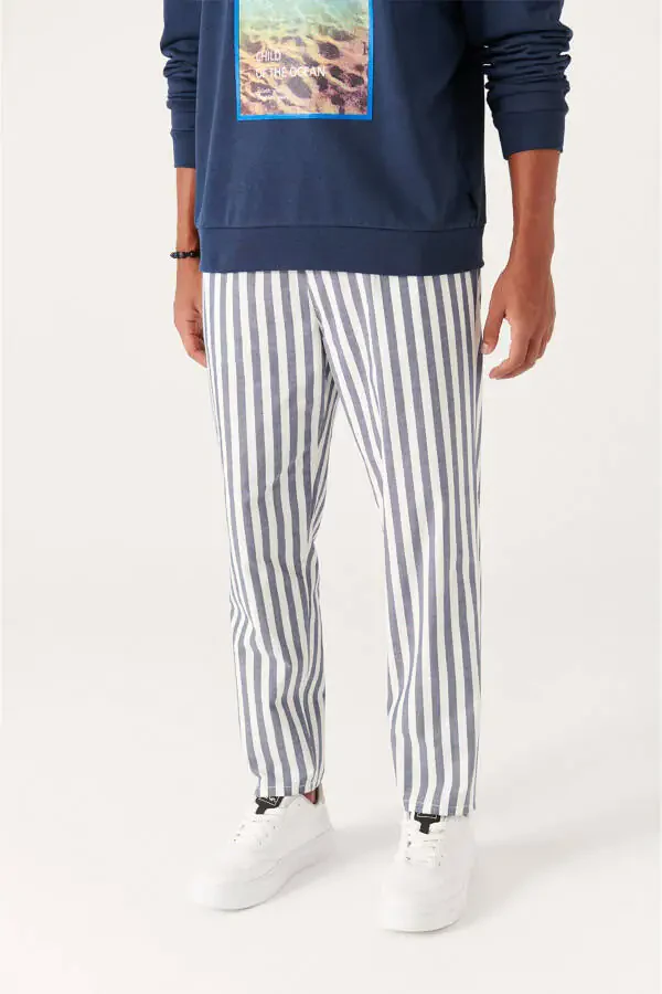 Men's White-Navy Wide Striped Relaxed Fit Trousers A21y3014 - 2