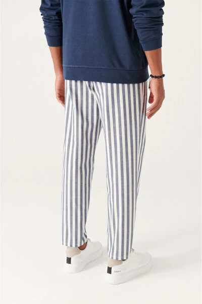 Men's White-Navy Wide Striped Relaxed Fit Trousers A21y3014 - 3