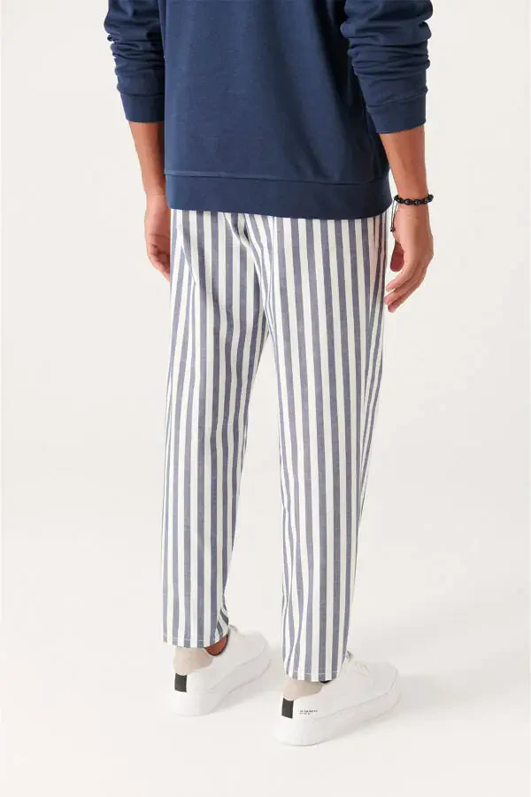 Men's White-Navy Wide Striped Relaxed Fit Trousers A21y3014 - 3