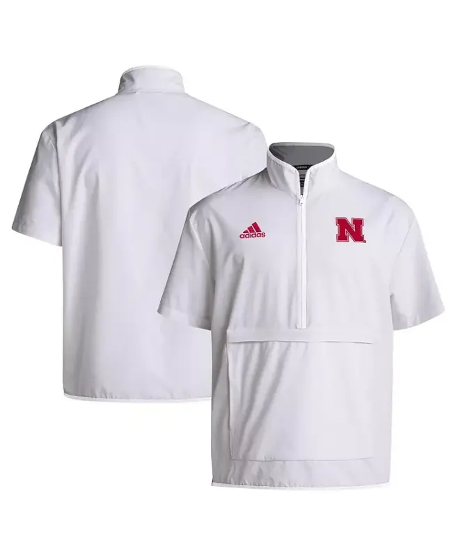Men's White Nebraska Huskers Coaches Sideline Half-Zip Short Sleeve Jacket-White - 1