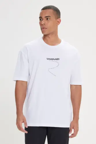 Men's White Oversized Relaxed Fit Crew Neck 100% Cotton Printed T-Shirt-White - 1